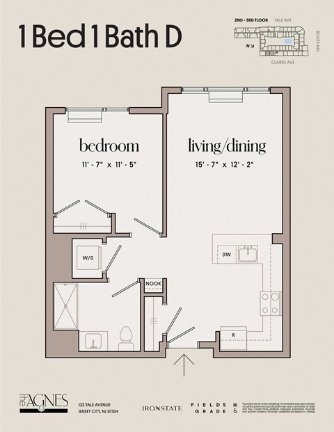 Floor plan for 1 bed, 1 bath, 682 sqft